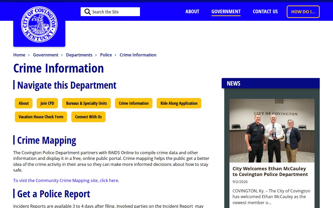 Covington Police crime information page with KOCIRS and RAIDS Online resources