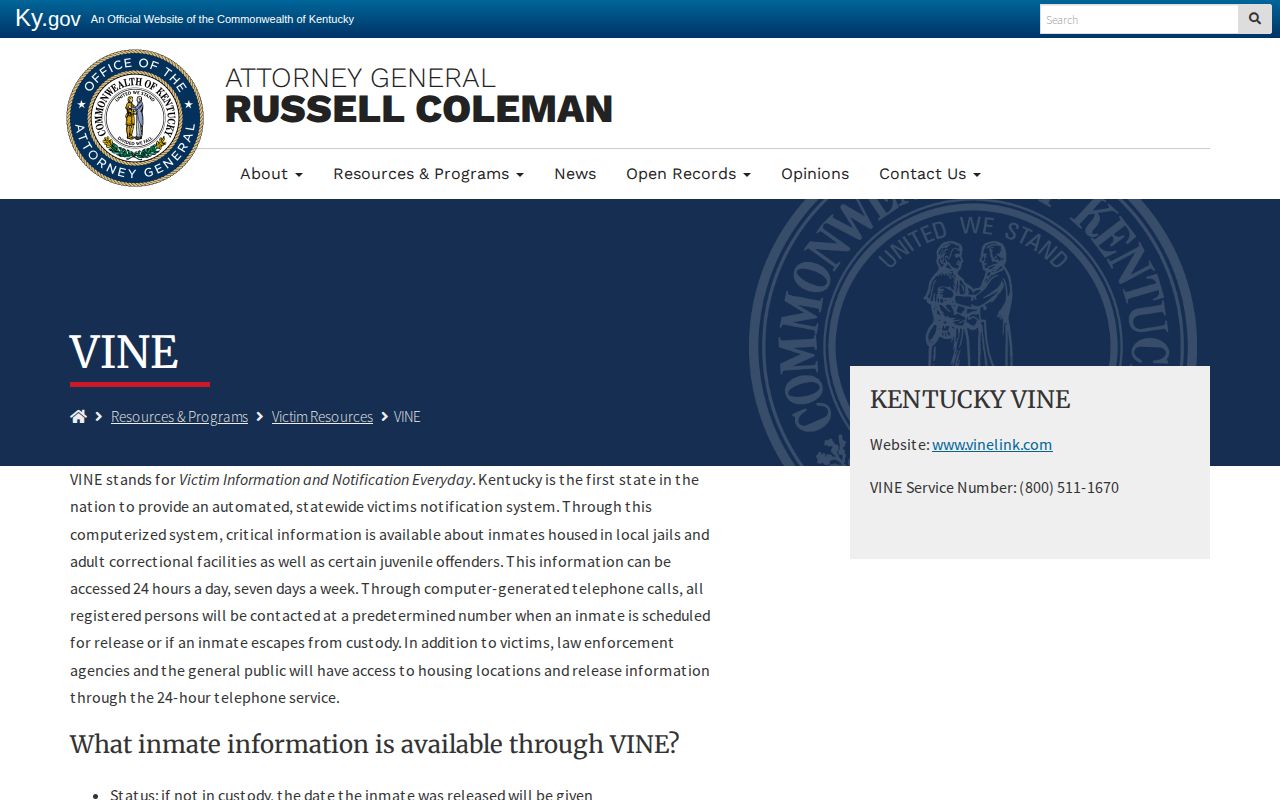 Kentucky Attorney General VINE notification information