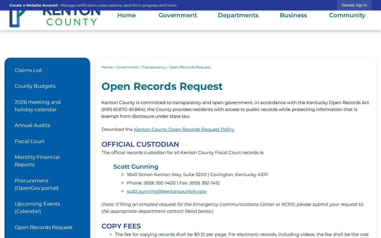 Kenton County open records request page for KCDC records